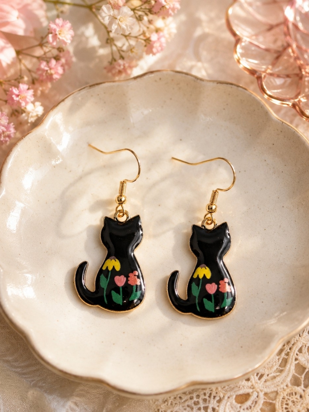 2 for $18 Black Cat Floral Enamel Earrings - Cute Cat Jewelry New